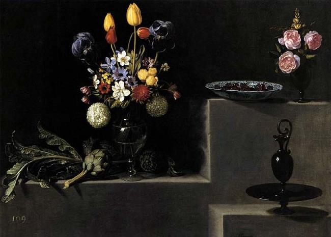 HAMEN, Juan van der Still Life with Flowers, Artichokes, Cherries and Glassware